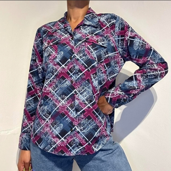 Pappagallo Vintage Abstract Tartan Print Long Sleeve Floral Button Down Shirt - Picture 14 of 16
